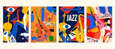 Soyut Müzik Arkaplanı, vektör çizimi. Müzik aletleriyle kolaj            