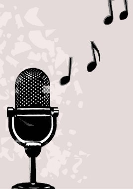 Müzik notaları üzerinde retro mikrofon. Müzik konseptinde podcast ve yaratıcılık