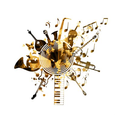 Notaları ve kelebekleri olan müzik aletleri arka planı, Vektör İllüstrasyonu