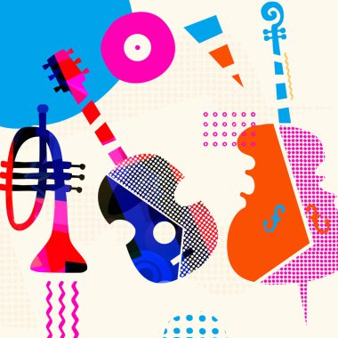 Jazz Müzik Sanatı Posteri Enstrümanlar ve Retro Vibe ile Renkli Soyut Vektör