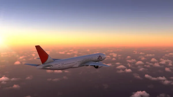 Kommerzielle Boeing 777 200 Jal Flug Über Den Atemberaubenden Sonnenuntergang — Stockfoto