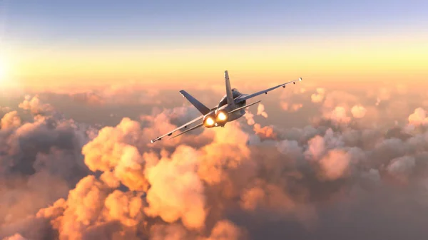 军用飞机在令人惊奇的日落中飞越云彩 — 图库照片
