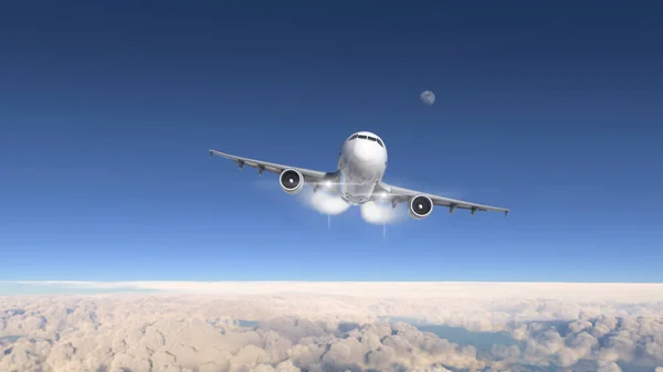 Commercial plane flying over the clouds with moon at background