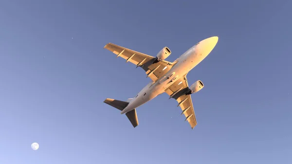 Commercial plane flying over the blue sky with moon