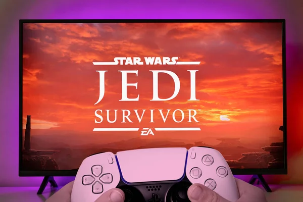 Controlador Playstation Con Logotipo Star Wars Jedi Survivor Pantalla Abr —  Fotos de Stock