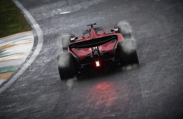 法拉利F1汽车在雨中行驶 3D说明 2023年8月12日 巴西圣保罗 — 图库照片