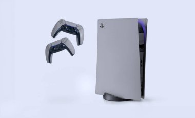 Gümüş Playstation 5 ve Çift His kontrolörleri - 3D illüstrasyon, 20 Sep, 2023, Sao Paulo, Brezilya.