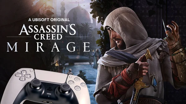 Assassins Creed Mirage Pantalla Con Controlador Playstation Oct 2023 Sao Fotos de stock
