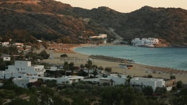 Breathtaking View Balcony Beautiful Mylopotas Beach Ios Greece Sunset — Stock Video