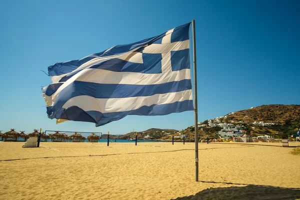 View Beautiful Big National Greek Flag Blowing Wind Mylopotas Beach — Stock Photo, Image