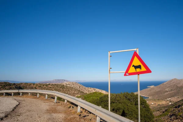 Yellow Red Road Sign Cows Ios Greece — Stock Photo, Image