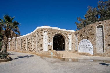 Ios, Greece - June 6, 2021 : The entrance of the tourist luxury resort Calilo in Ios Greece