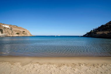 The stunning turquoise white sandy beach of Kolitsani View in Ios Cyclades Greece