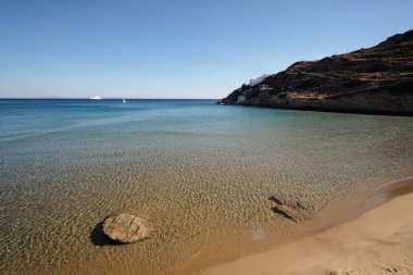 The stunning turquoise sandy beach of Kolitsani View in Ios Cyclades Greece