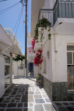 Ios, Yunanistan: 26 Mayıs 2021: Ios Yunanistan 'ın pitoresk adasında tipik bir sokak manzarası