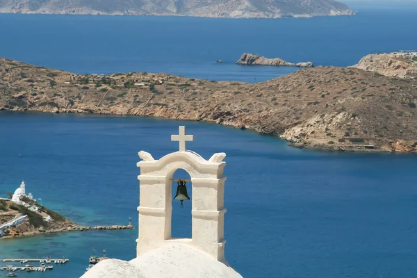 Panoramic View Aegean Sea Rooftop Whitewashed Orthodox Chapel Island Ios — Stock Fotó