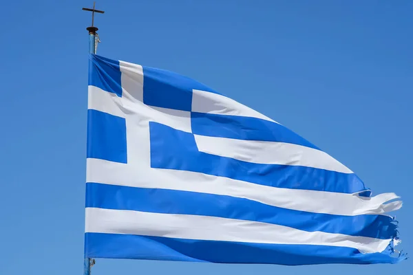 View Greek Flag Waving Air Blue Sky Background — Stock Photo, Image
