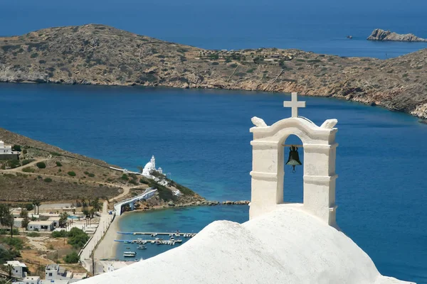 Panoramic view of the aegean sea from the rooftop of a whitewashed orthodox chapel on the island of Ios Greece