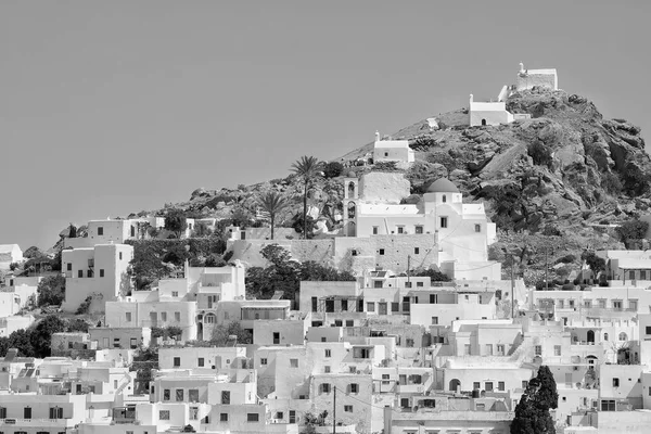 Vista Panorámica Pintoresca Encalada Isla Ios Grecia Blanco Negro — Foto de Stock