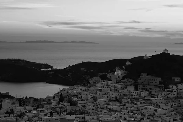 Beautiful Sunset Panoramic View Picturesque Whitewashed Island Ios Greece Black — Stock Photo, Image