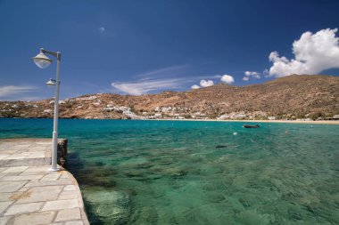 Panoramic view of the popular and beautiful sandy beach of Mylopotas in Ios cyclades Greece