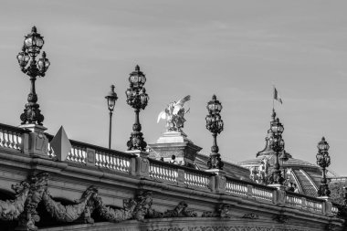 Paris, Fransa - 8 Ekim 2023: Paris 'te heykelleri ve güzel fenerleri olan ünlü güverte kemeri köprüsü Pont Alexandre III manzarası