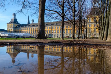 Bonn, Almanya - 17 Aralık 2023: Panoramic view the public park Hofgarten and the famous Rheinische Friedrich Wilhelm University of Bonn Germany