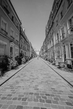 Paris, Fransa - 10 Ağustos 2024: Paris 'teki renkli ve ünlü Rue Cremieux' nun panoramik manzarası