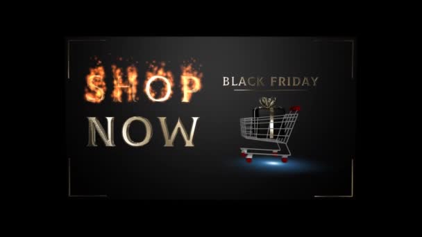 Banner Black Friday Shop Now Mit Einkaufswagen Chaotischer Bewegung Alpha — Stockvideo