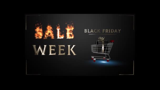 Banner Black Friday Sale Week Mit Einkaufswagen Chaotischer Bewegung Alpha — Stockvideo