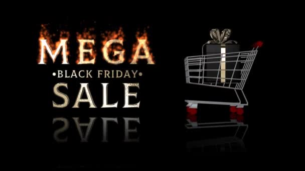 Text Black Friday Mega Sale Shopping Cart Full Rotation Alpha — Stock Video