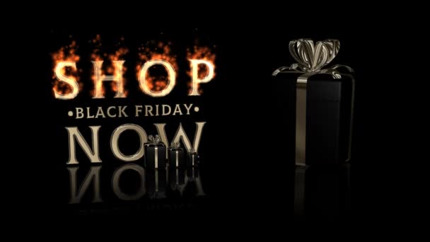 Text Black Friday Shop Now Mit Geschenk Voller Rotation Alpha — Stockvideo
