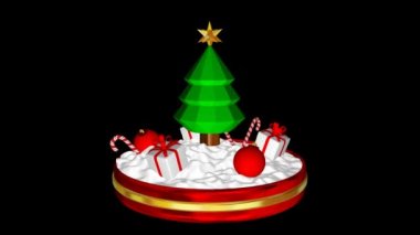 Kırmızı Toplar, Hediyeler ve Şeker Çubukları ile Dönen Noel Sahnesi, Alfa Kanalı. 3B Hazırlama