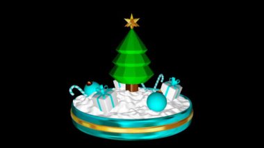 Mavi Toplar, Hediyeler ve Şeker Çubukları ile Dönen Noel Sahnesi, Alfa Kanalı. 3B Hazırlama