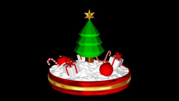 Вращающаяся Рождественская Сцена Красными Шарами Подарками Тросточками Кэнди Канал Render — стоковое видео