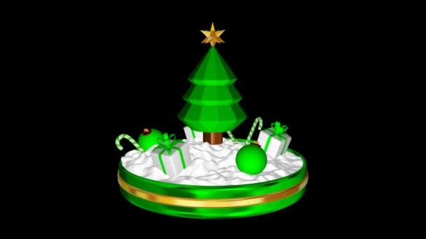 Περιστρεφόμενη Χριστουγεννιάτικη Σκηνή Πράσινες Μπάλες Δώρα Και Κάντι Κάνες Κανάλι — Αρχείο Βίντεο