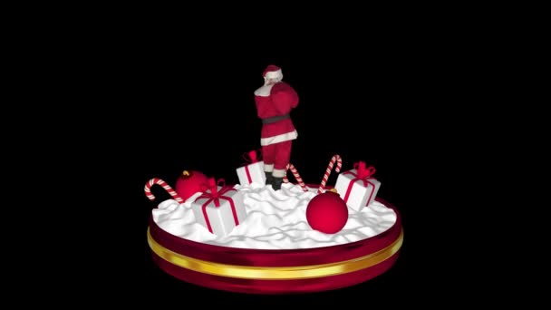 Περιστρεφόμενη Χριστουγεννιάτικη Σκηνή Τον Άγιο Βασίλη Κόκκινες Μπάλες Δώρα Και — Αρχείο Βίντεο