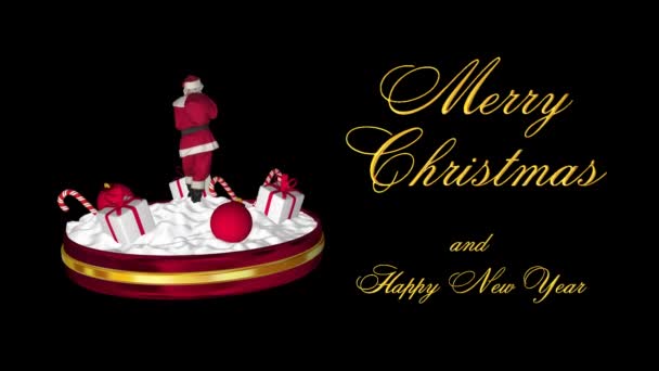 Περιστρεφόμενη Χριστουγεννιάτικη Σκηνή Τον Άγιο Βασίλη Κείμενο Κόκκινες Μπάλες Δώρα — Αρχείο Βίντεο