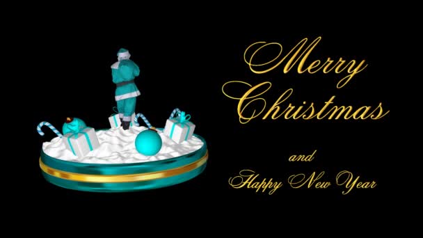 Περιστρεφόμενη Χριστουγεννιάτικη Σκηνή Τον Άγιο Βασίλη Κείμενο Μπλε Μπάλες Δώρα — Αρχείο Βίντεο