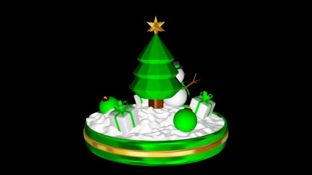 Вращение Рождественской Сцены Снеговиком Зелеными Яйцами Подарками Альфа Канал Render — стоковое видео