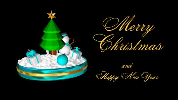 Вращение Рождественской Сцены Снеговиком Текстом Голубыми Яйцами Подарками Альфа Канал — стоковое видео