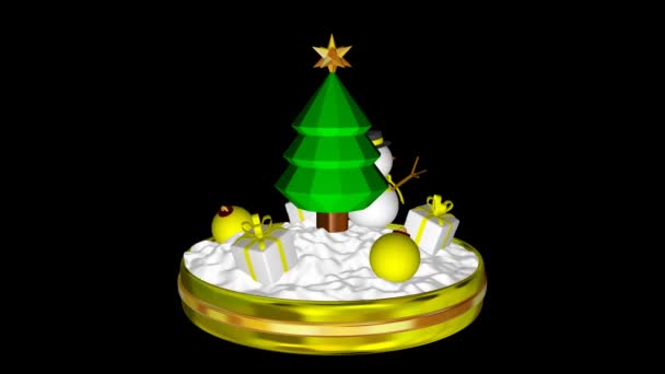 Обертання Різдвяної Сцени Сніговиком Жовтими Кульками Подарунками Альфа Канал Render — стокове відео