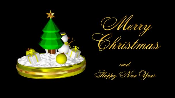 Вращение Рождественской Сцены Снеговиком Текстом Желтыми Яйцами Подарками Альфа Канал — стоковое видео