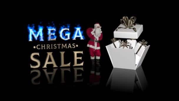 Text Mega Christmas Sale Mit Weihnachtsmann Und Geschenkboxen Alpha Channel — Stockvideo