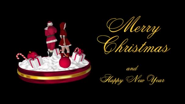 サンタクロースとサンタガール アルファチャンネルでクリスマスシーンを回転させます 3Dレンダリング — ストック動画