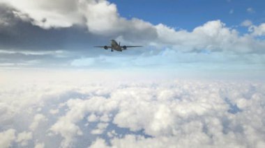 Bulutların üzerinde uçan bir uçak. 3B Hazırlama