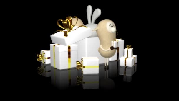 有趣的羔羊 兔子和礼物在一个旋转的场景 阿尔法通道 3D渲染 — 图库视频影像