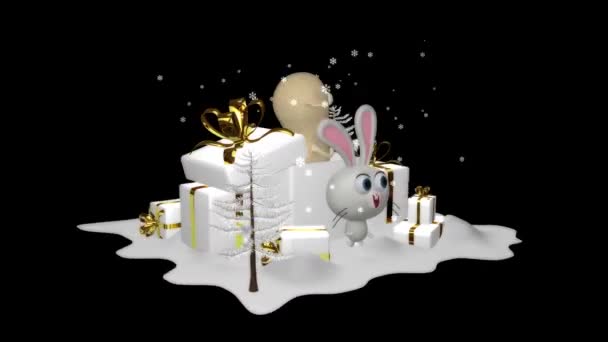 Vinterscen Med Funny Fox Rabbit Lamm Och Gåvor Alpha Channel — Stockvideo
