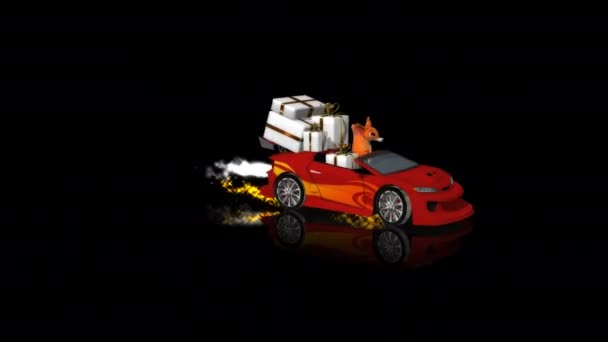 移動スポーツカー アルファチャンネルで面白いフォックスとギフト 3Dレンダリング — ストック動画
