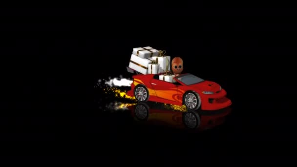 有趣的松鼠和礼物在移动跑车 阿尔法频道 3D渲染 — 图库视频影像
